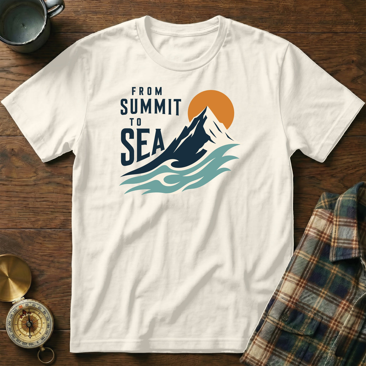 White t-shirt with "FROM SUMMIT TO SEA" graphic featuring a mountain and sun.
