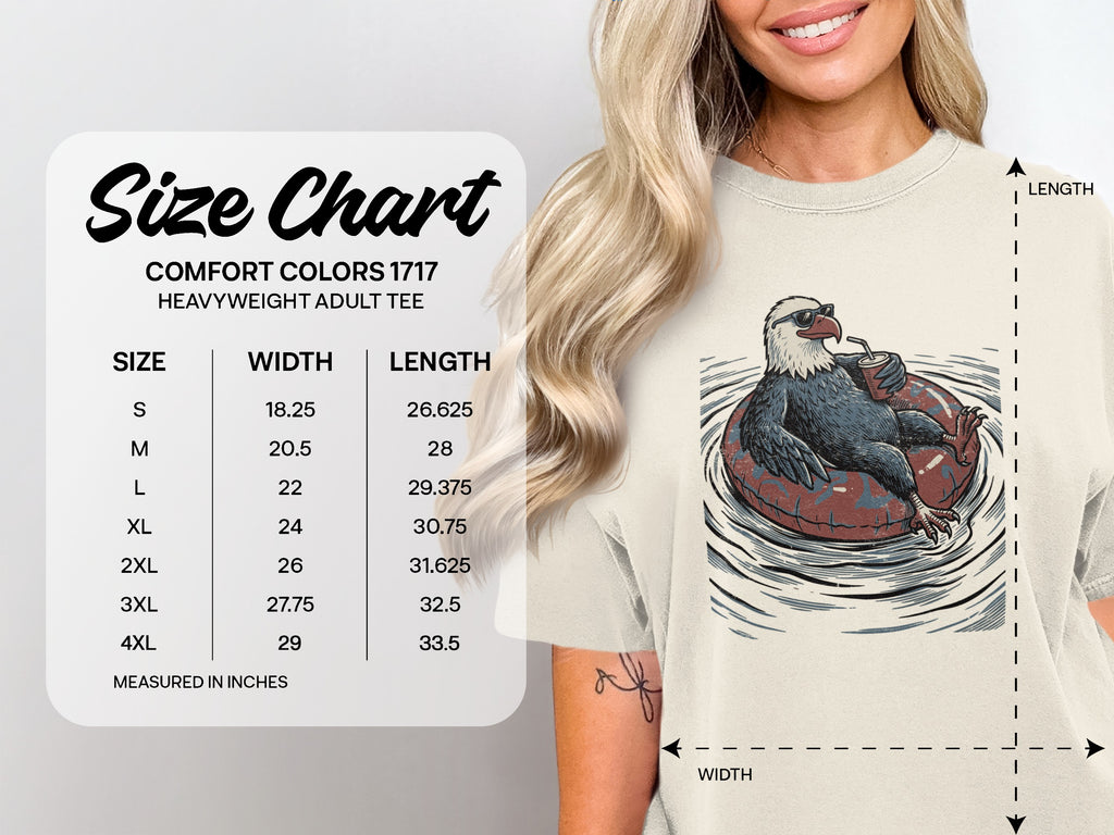 Comfort Colors 1717 Heavyweight Adult Tee size chart includes width and length measurements.