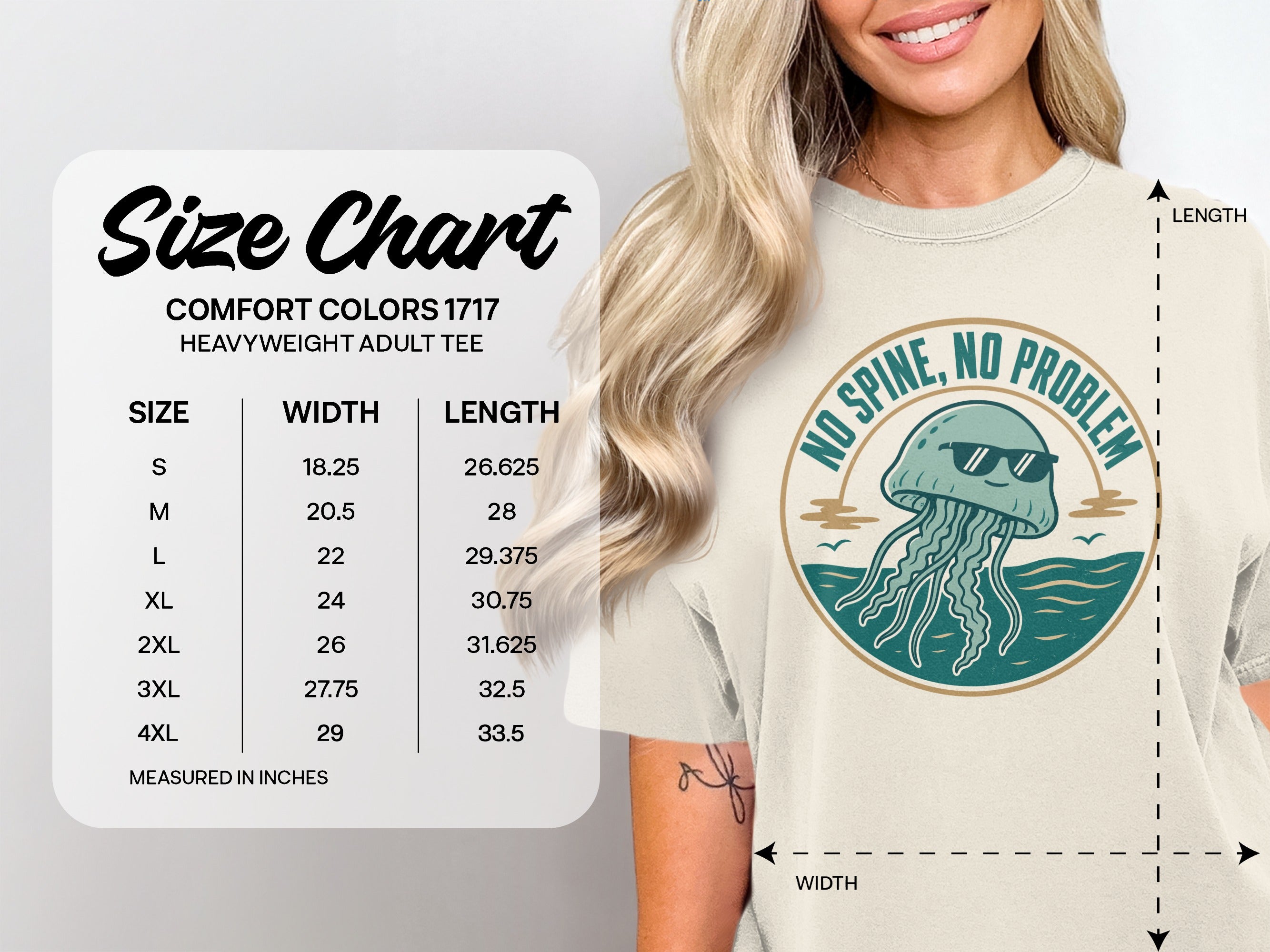 Comfort Colors 1717 heavyweight adult tee size chart for width and length.