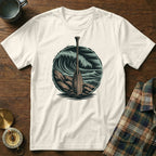 White t-shirt with a circular design of a paddle in front of ocean waves.