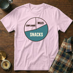 Pink t-shirt with a pie chart graphic showing "Complaining," "Miles," and "Snacks."