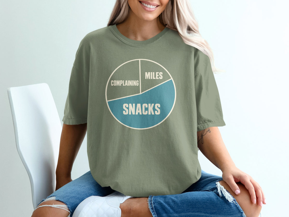 Green t-shirt with pie chart graphic: "Complaining," "Miles," and "Snacks."