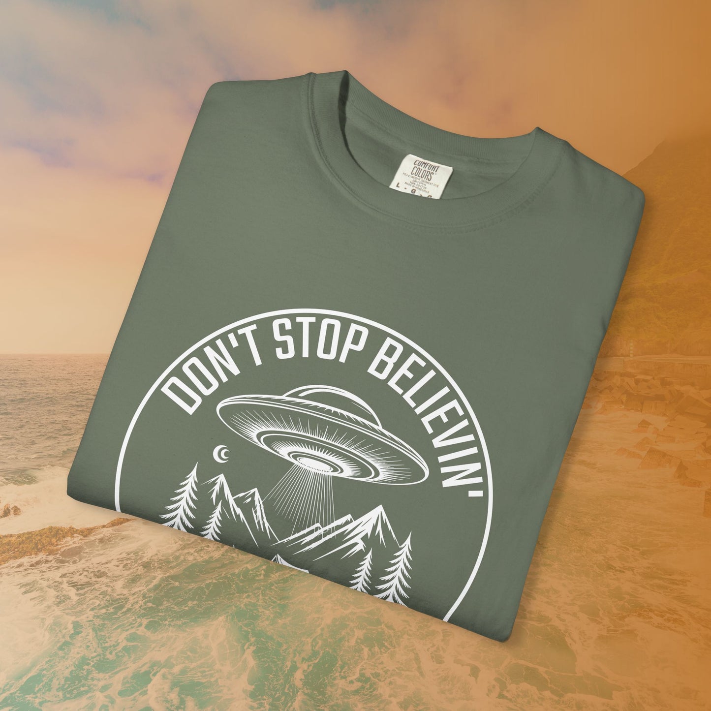 DON'T STOP BELIEVIN' UFO Camping T-Shirt | Classic Rock Slogan Alien Graphic Tee | Outdoors Music Lover Gift