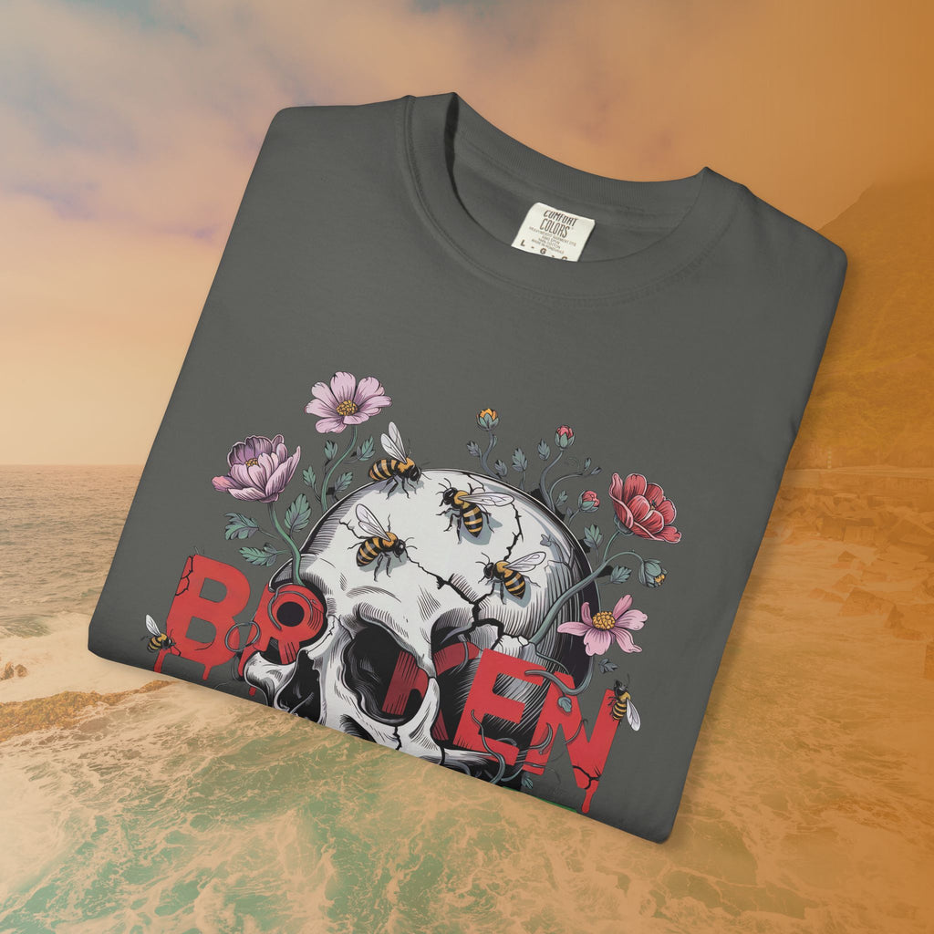 Broken Heart Skull Floral Goth T-Shirt