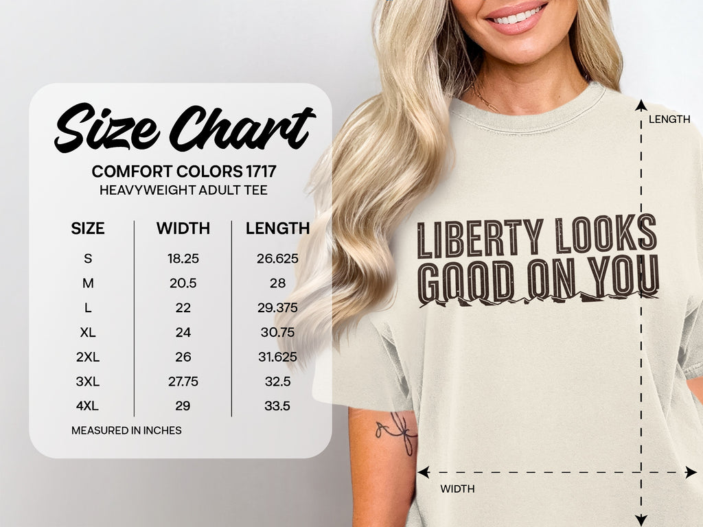 Comfort Colors 1717 size chart for heavyweight adult tees, listed in inches.