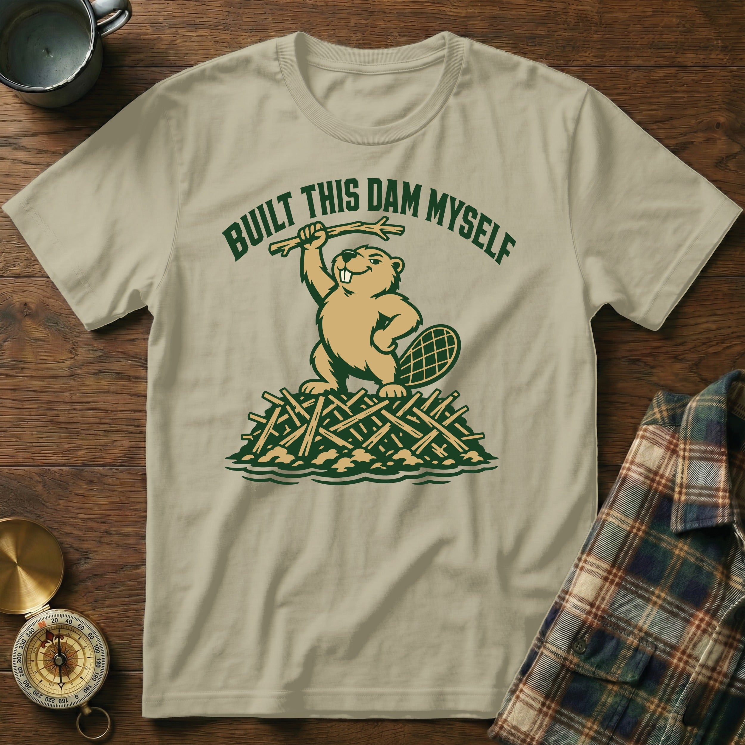T-shirt with beaver mascot and "Built This Dam Myself" text design.
