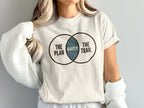 Cream t-shirt with Venn diagram: "The Plan", "Rarely", and "The Trail".