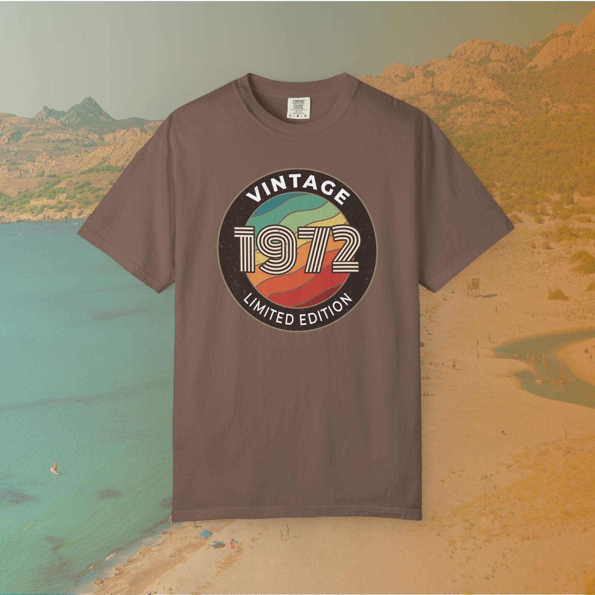 Brown Retro-style circular graphic featuring the year 1972 in a bold, lined font over a distressed, multi-colored wavy background. The outer border reads "VINTAGE" at the top and "LIMITED EDITION" at the bottom. 