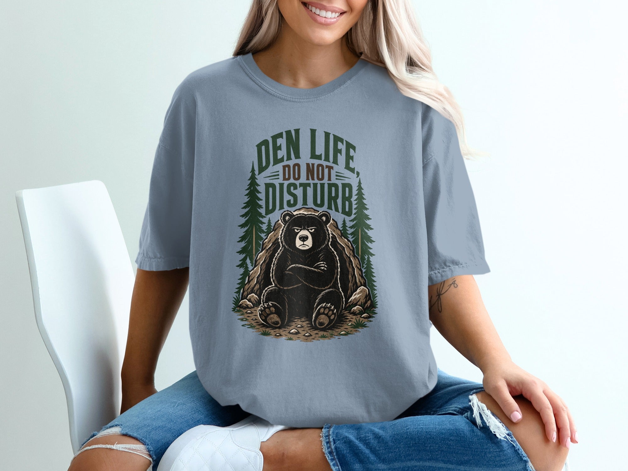 T-shirt with bear graphic and text "Den Life Do Not Disturb"