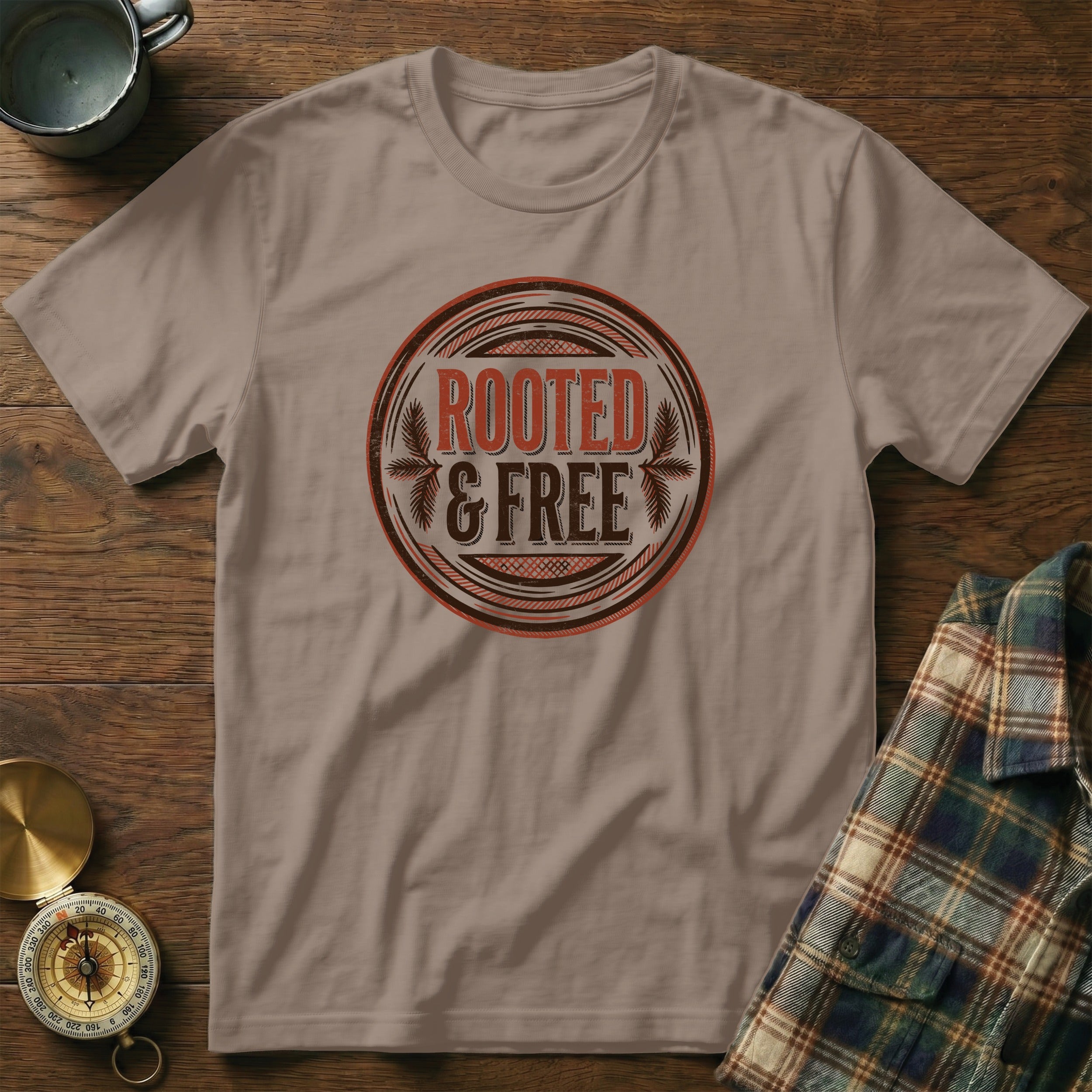 Brown t-shirt with circular "Rooted & Free" graphic and compass and mug accents.