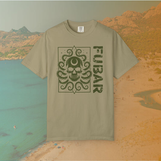 khaki Graphic T-shirt featuring a detailed skull with a crescent moon on its forehead and octopus tentacles emerging from it, next to the large, distressed text "FUBAR."