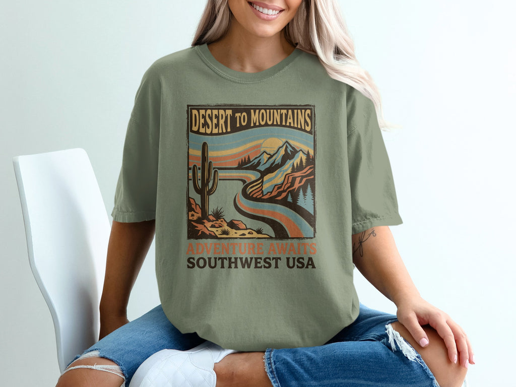 T-shirt with "Desert to Mountains Southwest USA" text and a desert landscape graphic.