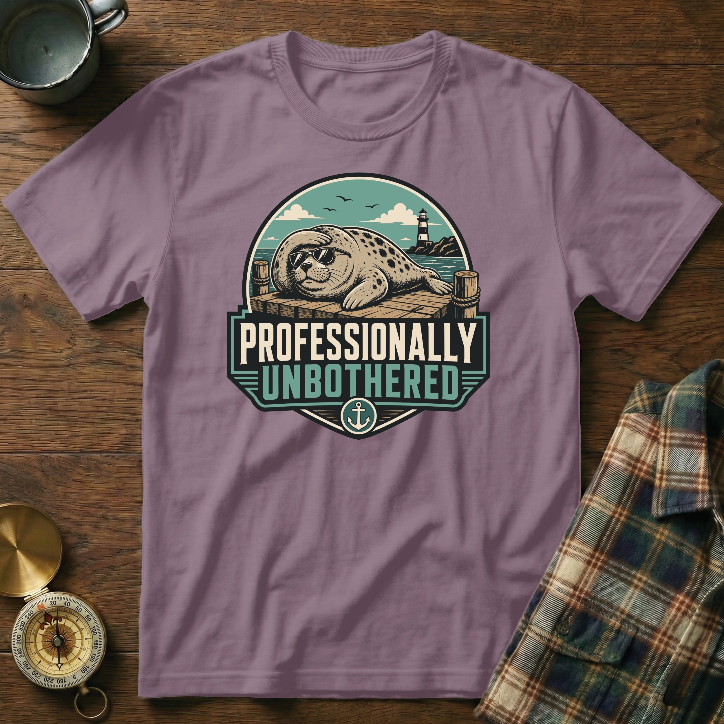 Purple t-shirt with a seal wearing sunglasses and text "Professionally Unbothered".