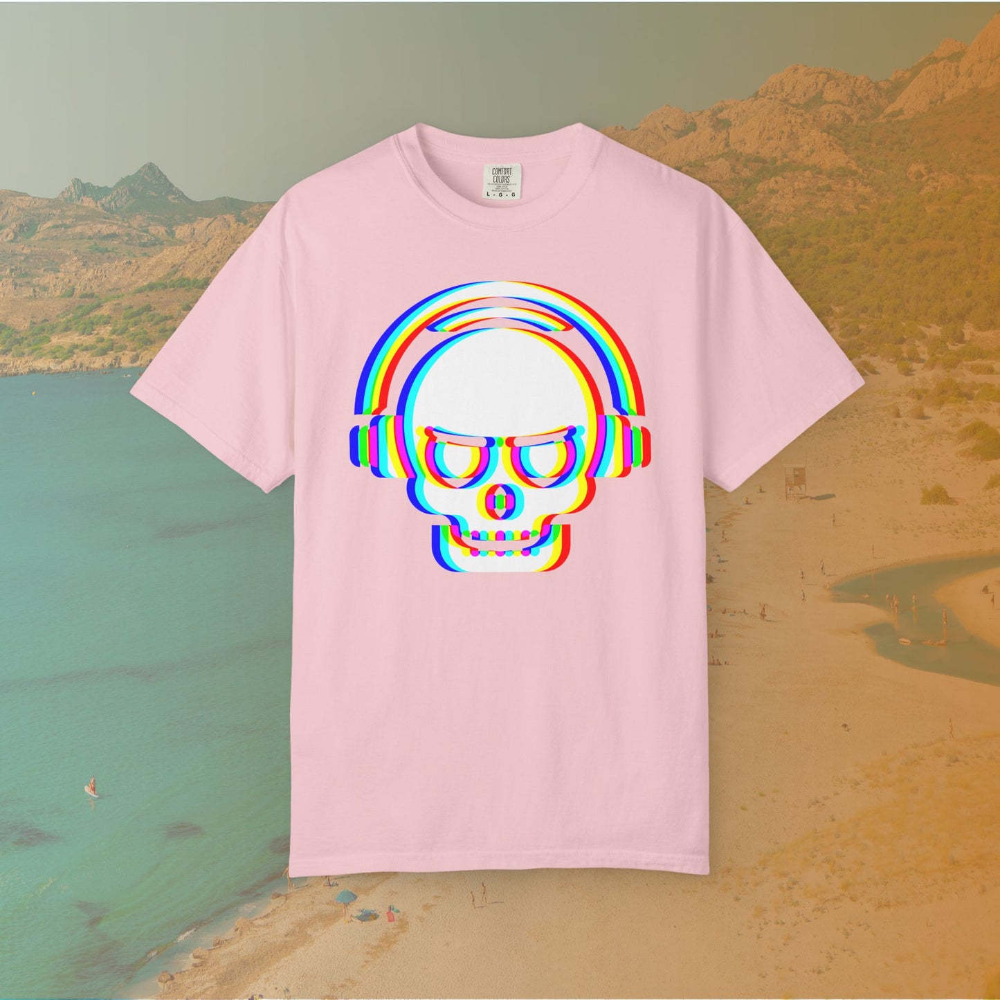 pink  t-shirt with White EDM DJ skull graphic wearing headphones, rendered with an intense red, blue, and yellow (RGB) chromatic aberration or glitch effect 