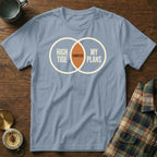 Blue t-shirt with Venn diagram graphic reading "HIGH TIDE" and "MY PLANS" with "CANCELED" in the overlap.