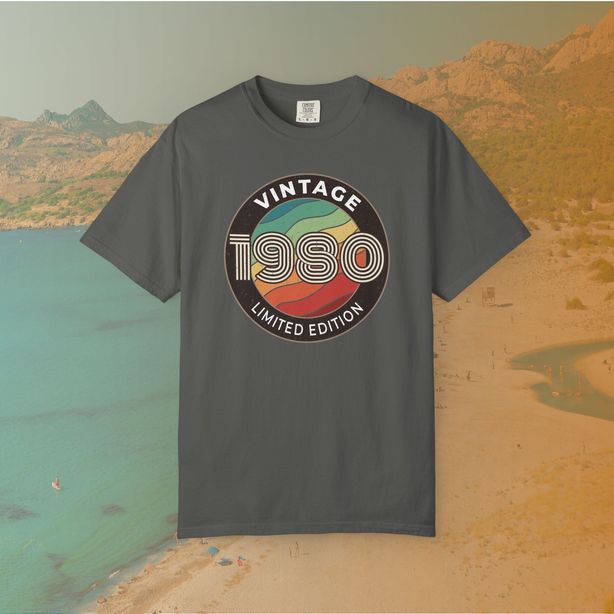 Khaki White Retro-style circular graphic featuring the year 1980 in a bold, lined font over a distressed, multi-colored wavy background. The outer border reads "VINTAGE" at the top and "LIMITED EDITION" at the bottom. 