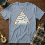 Light blue t-shirt with abstract mountain logo and compass.