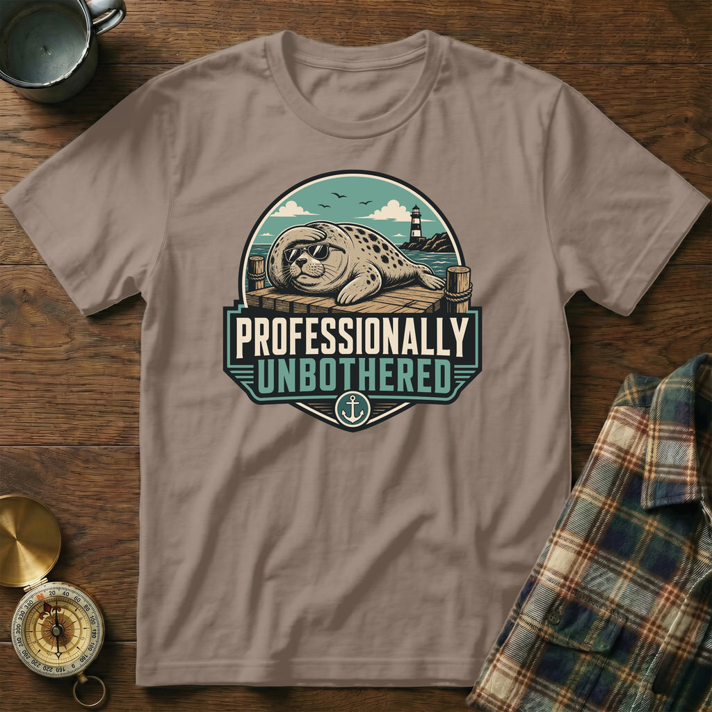 T-shirt graphic with a seal wearing sunglasses and the text "PROFESSIONALLY UNBOTHERED".