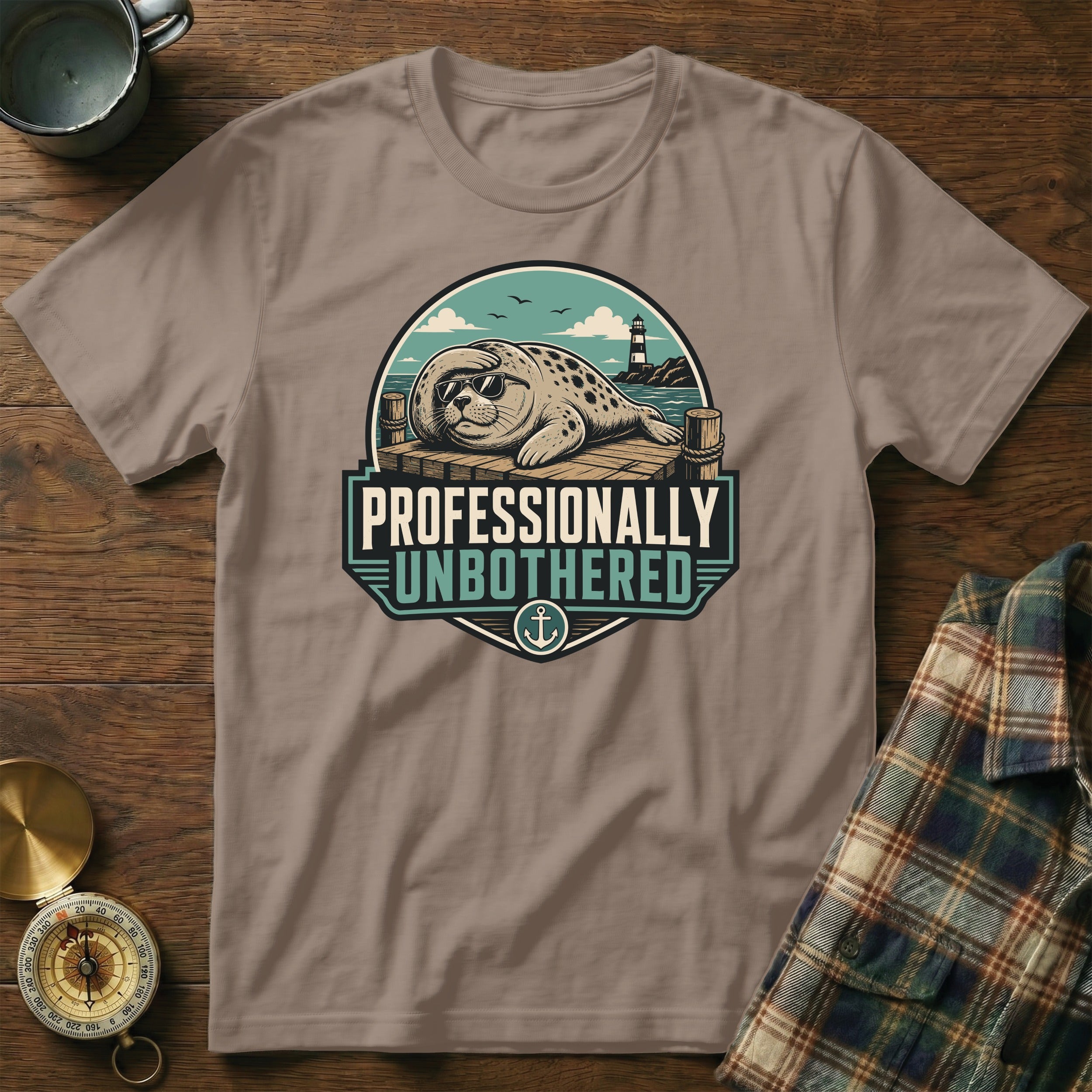 T-shirt graphic with a seal wearing sunglasses and the text "PROFESSIONALLY UNBOTHERED".