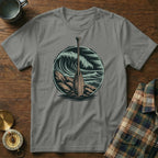 Paddle and crashing waves graphic on gray t-shirt.