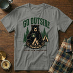 T-shirt graphic with bear by campfire, text "GO OUTSIDE" and "GREAT VIEW.", "UNCLEAR EXIT."