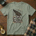T-shirt with osprey diving into waves, wood table background.