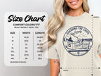 Comfort Colors 1717 heavyweight adult tee size chart with width and length measurements in inches.
