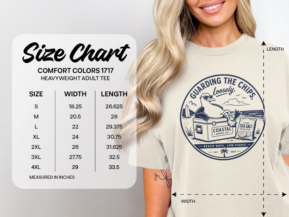 Comfort Colors 1717 heavyweight adult tee size chart with width and length measurements in inches.