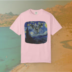 pink t-shirt Van Gogh Starry Night-inspired painting with a dragon silhouette made of stars flying across a swirling night sky for dragoncore theme