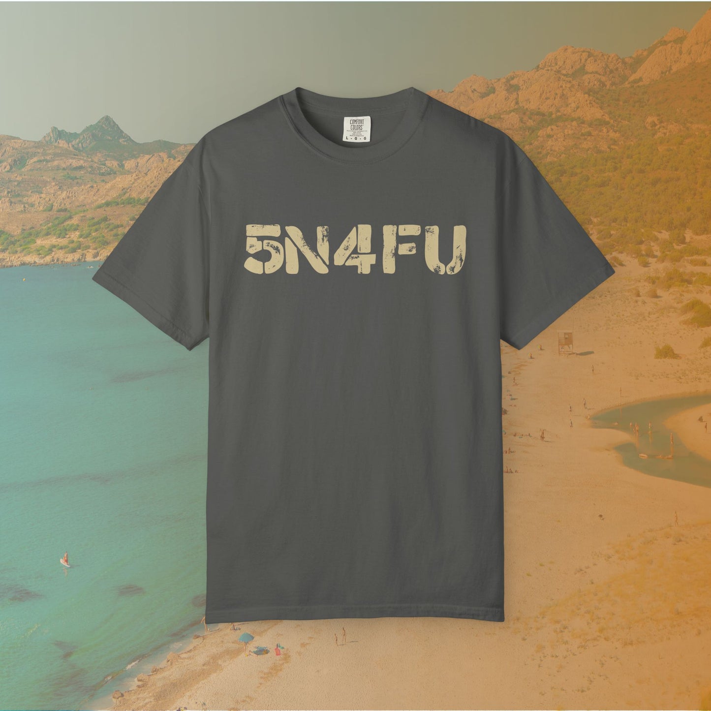 grey t-shirt Graphic T-shirt featuring large, distressed stencil text reading the l33t-speak version of SNAFU: "5N4FU" on a dark background.