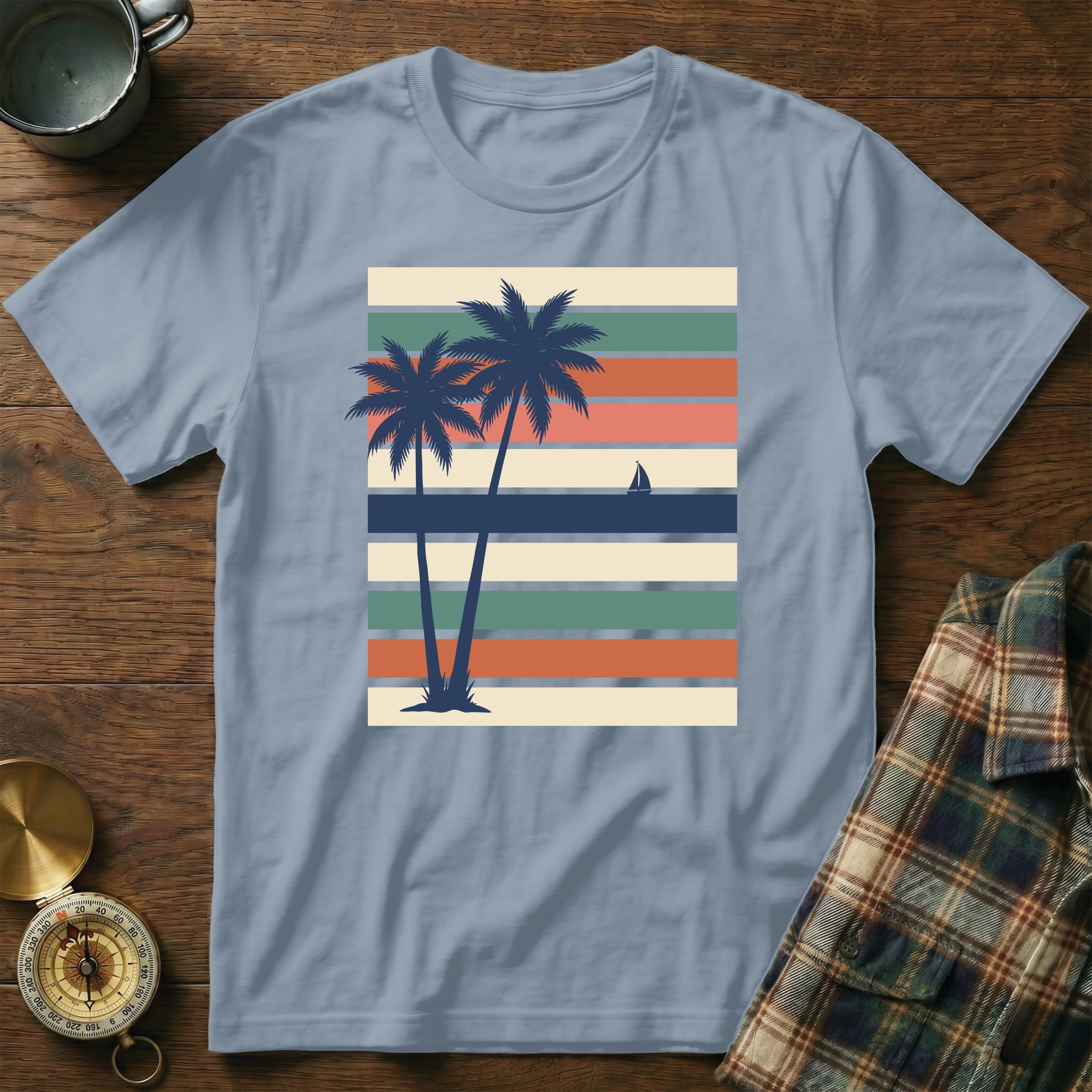 Two palm trees on a striped background with a sailboat on the horizon.