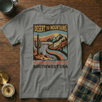 Desert to Mountains Southwest USA graphic t-shirt with cactus and mountain scene.