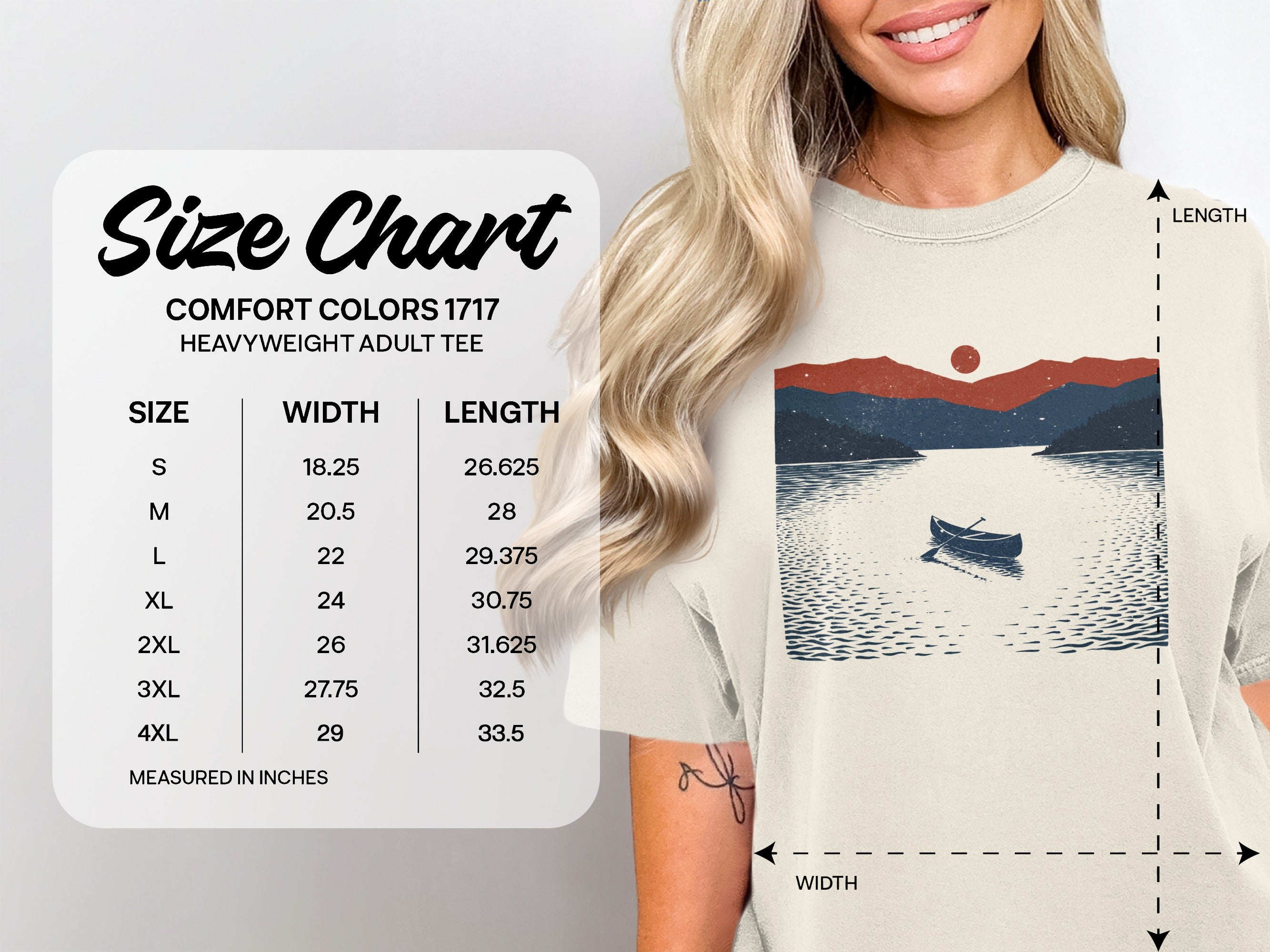 Comfort Colors 1717 heavyweight adult tee size chart with width and length measurements.
