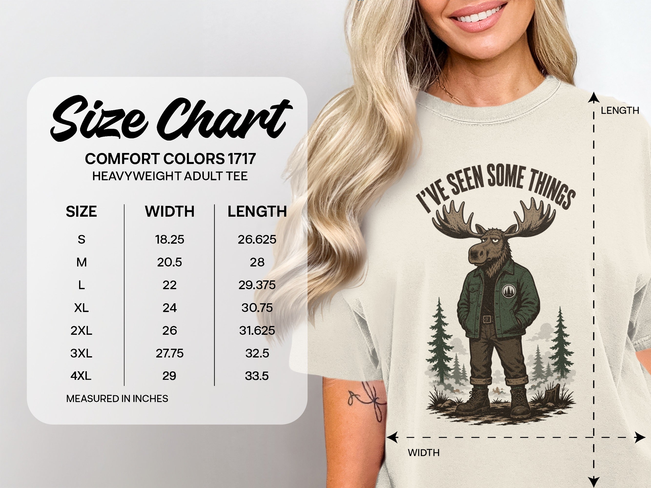 Size chart for Comfort Colors 1717 heavyweight adult tee with moose graphic.