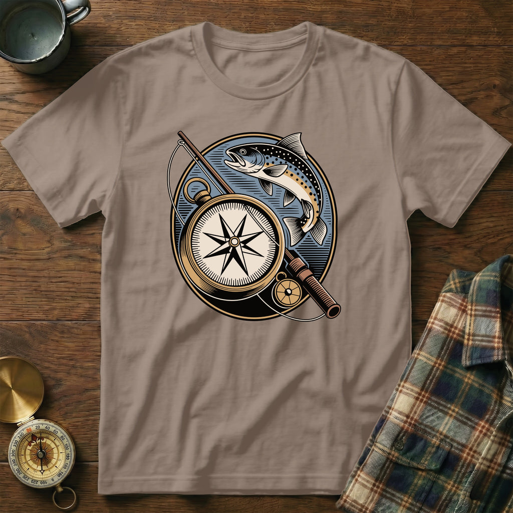 T-shirt with vintage compass, fishing rod, and trout graphic.