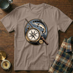 T-shirt with vintage compass, fishing rod, and trout graphic.