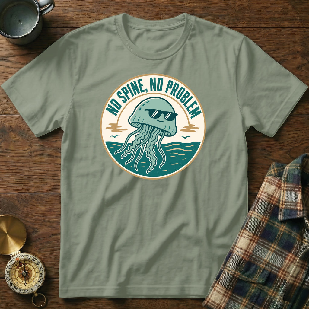 T-shirt with a cartoon jellyfish graphic and text "NO SPINE, NO PROBLEM".