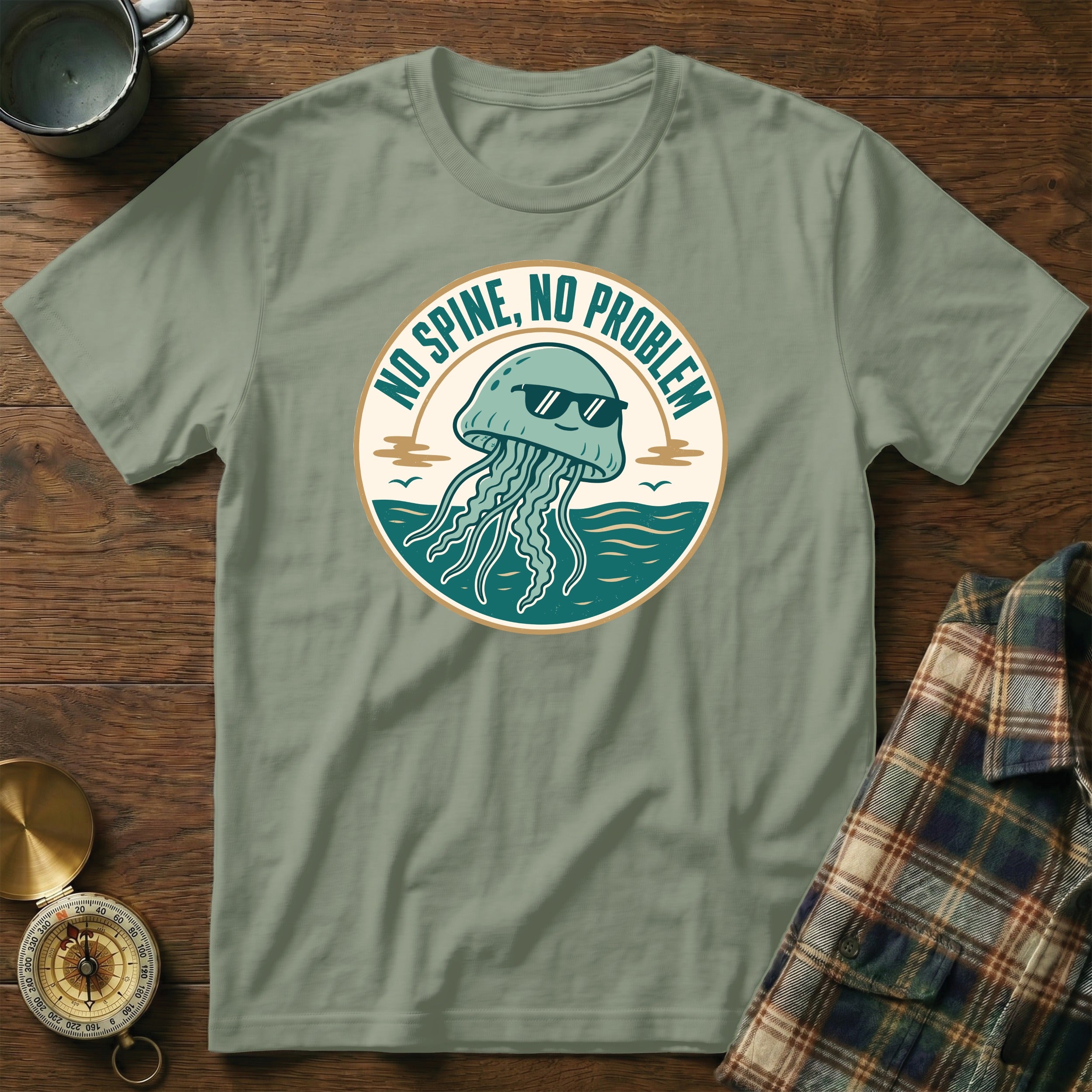 T-shirt with a cartoon jellyfish graphic and text "NO SPINE, NO PROBLEM".