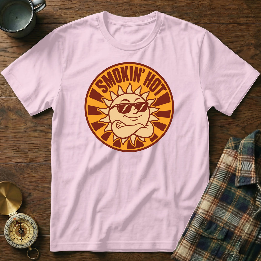 Pink t-shirt with a sun graphic and text "SMOKIN' HOT".