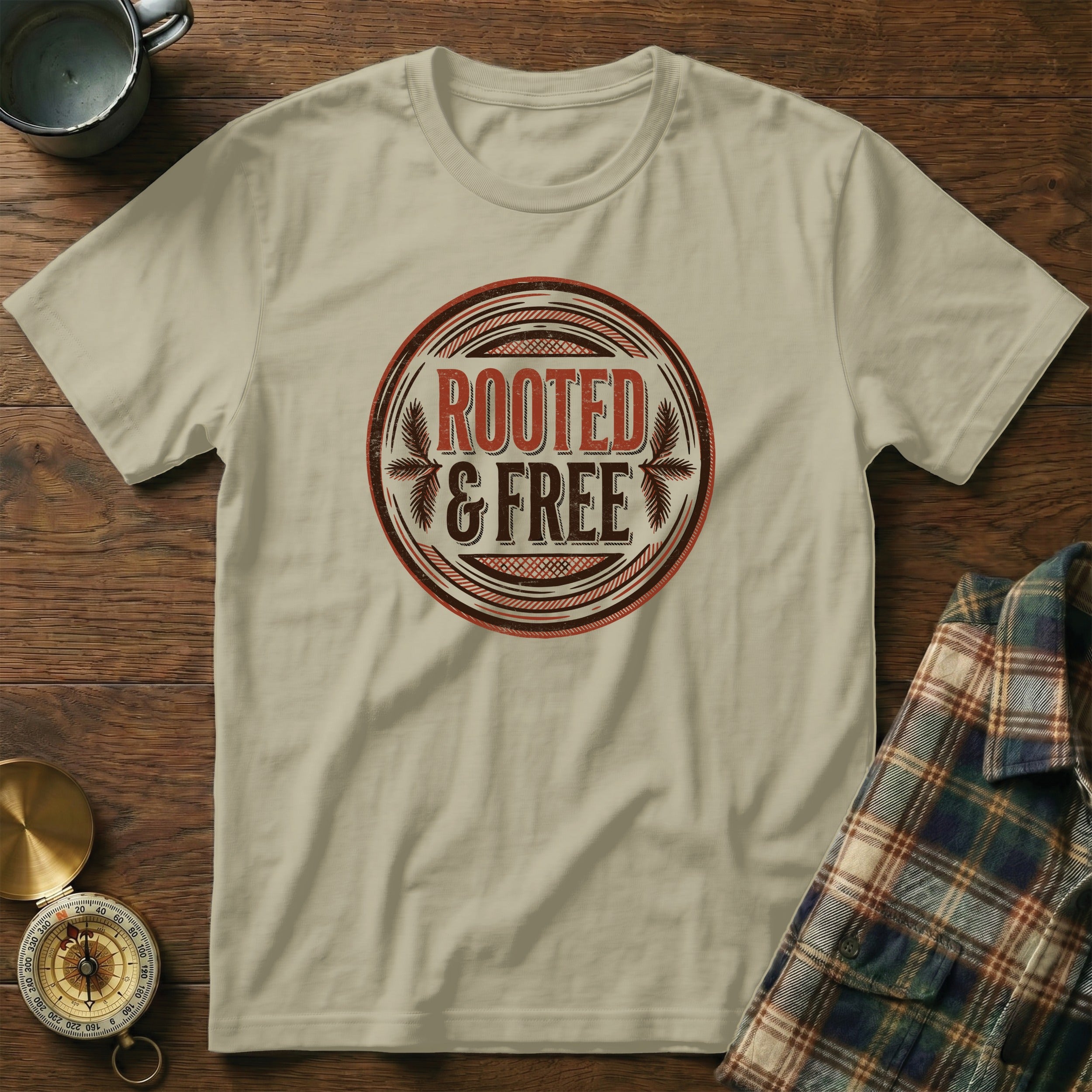 Tan t-shirt with "ROOTED & FREE" emblem and vintage style design.
