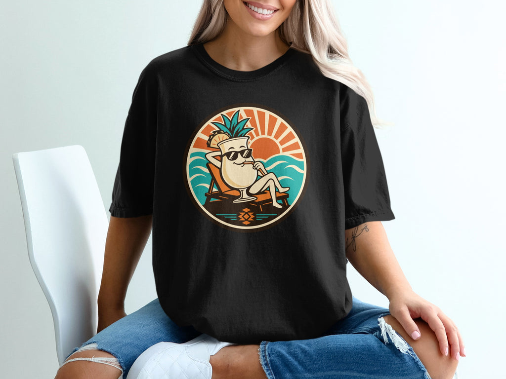 Cartoon pineapple with sunglasses relaxes on a beach chair by the ocean.
