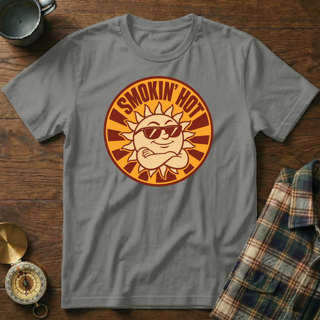 Grey t-shirt with "SMOKIN' HOT" text and a smiling sun wearing sunglasses.