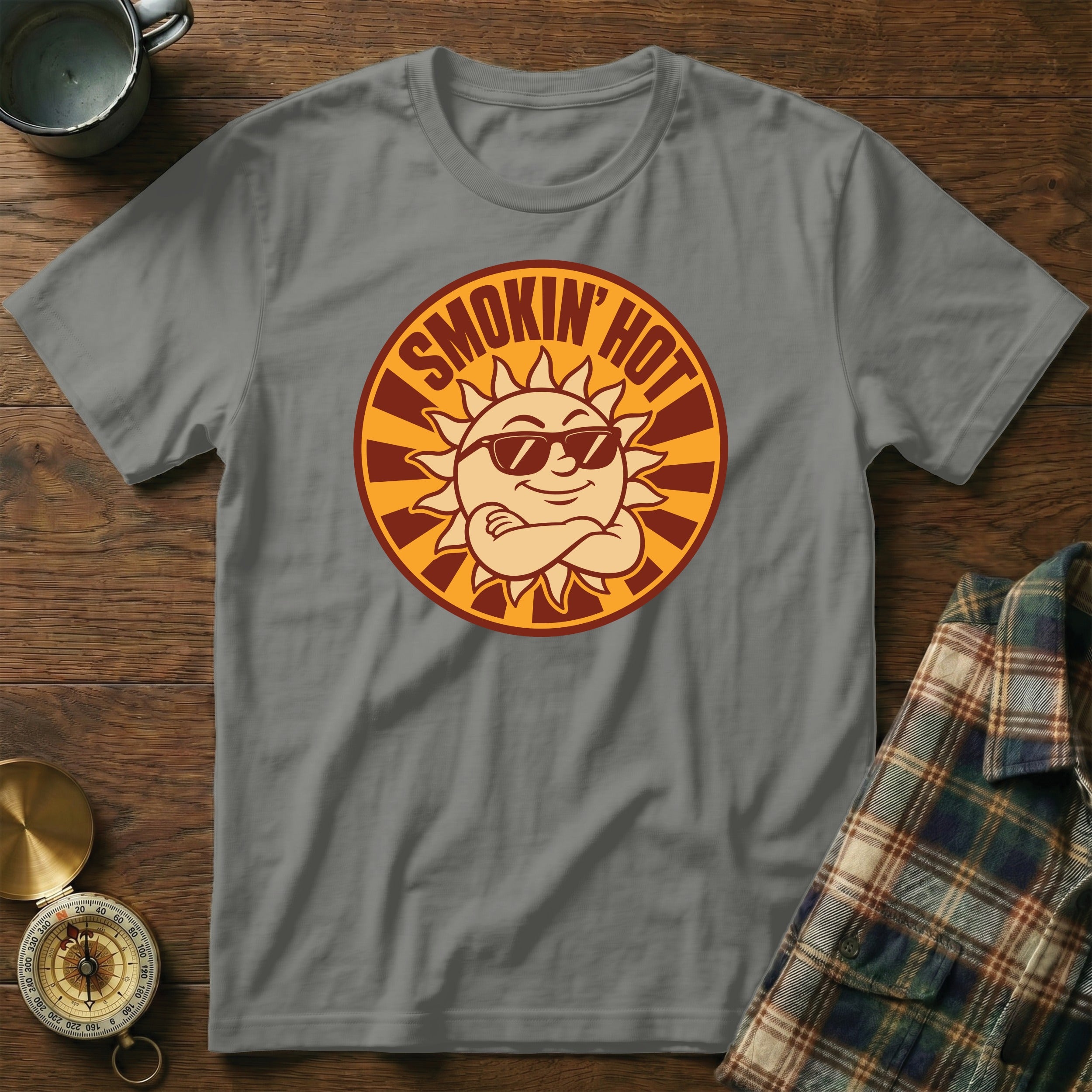 Grey t-shirt with "SMOKIN' HOT" text and a smiling sun wearing sunglasses.