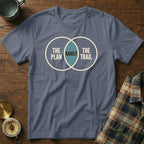 Slate blue t-shirt with Venn diagram graphic "The Plan", "Rarely", "The Trail".