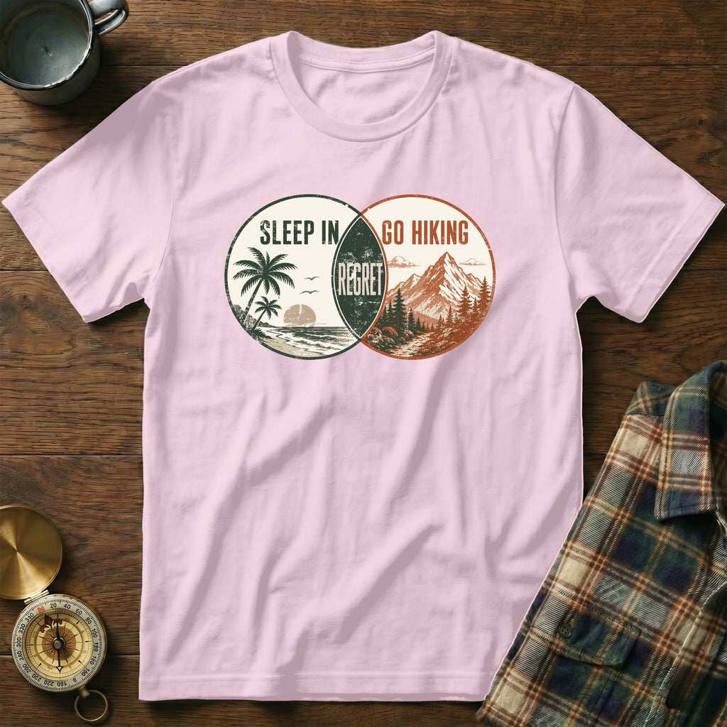 Pink t-shirt with "Sleep In" beach graphic and "Go Hiking" mountain graphic.