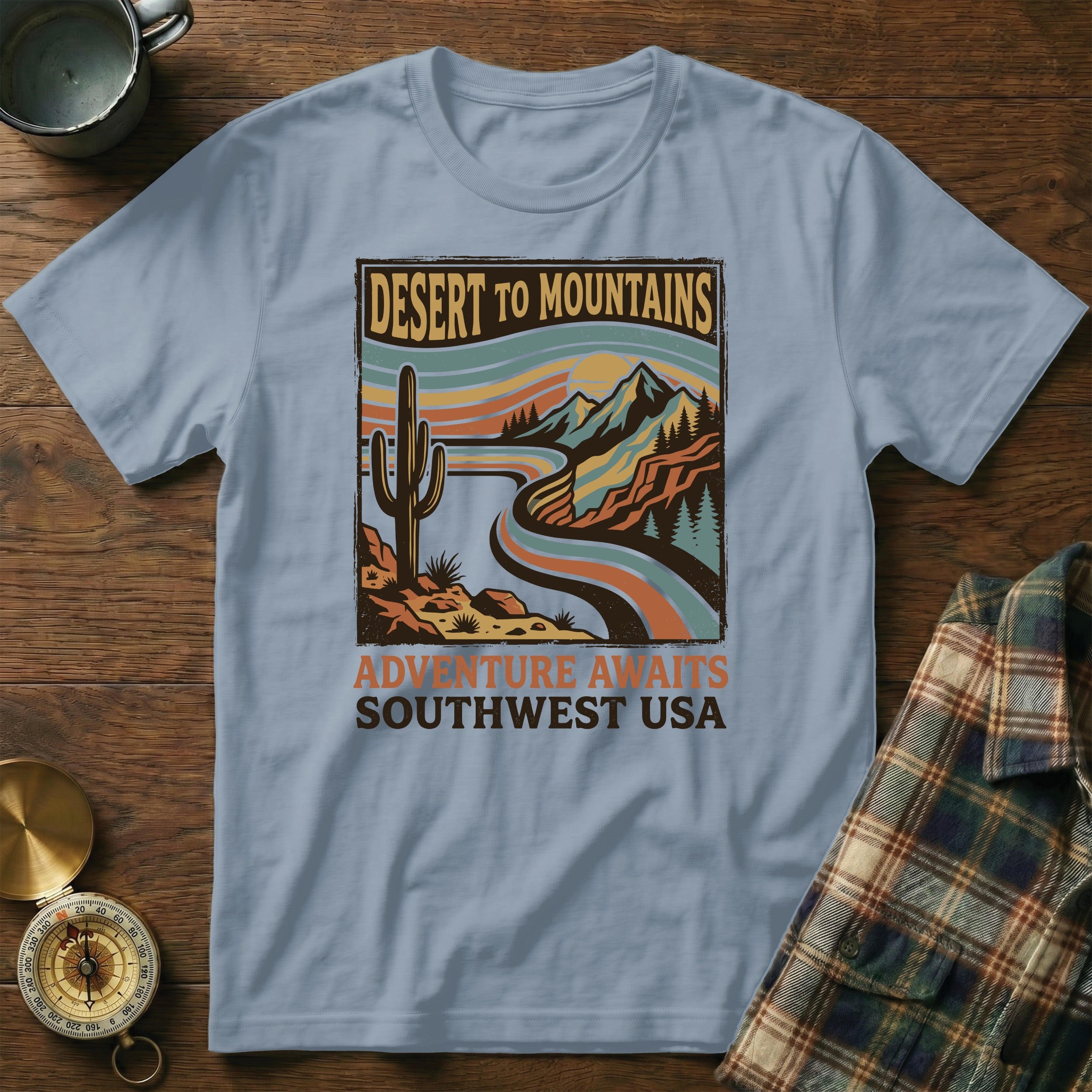 T-shirt with "Desert to Mountains Southwest USA" graphic featuring a cactus and winding road.