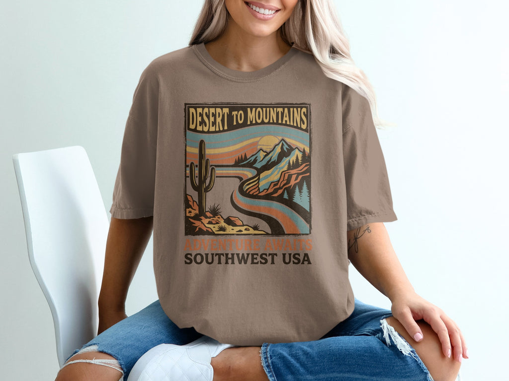 Brown t-shirt with desert mountains and southwest USA graphic design.