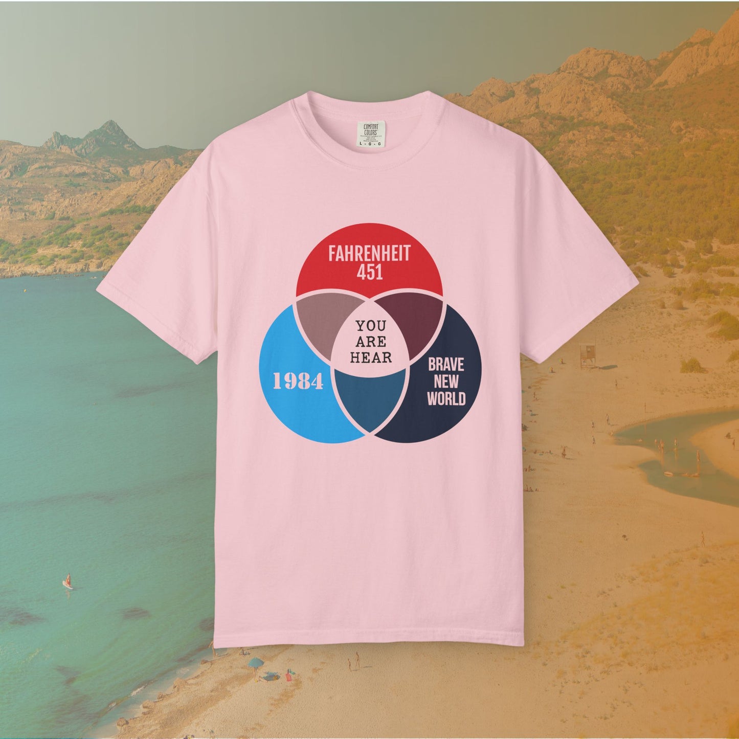 pink t-shirt A Venn diagram graphic showing three overlapping circles labeled 1984, FAHRENHEIT 451, and BRAVE NEW WORLD. The center intersection where all three meet is labeled "YOU ARE HEAR."