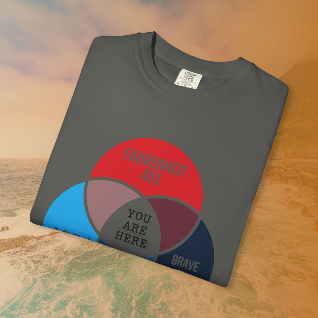Dystopian Novels Venn Diagram T-Shirt | 1984, Fahrenheit 451, Brave New World Literary Tee