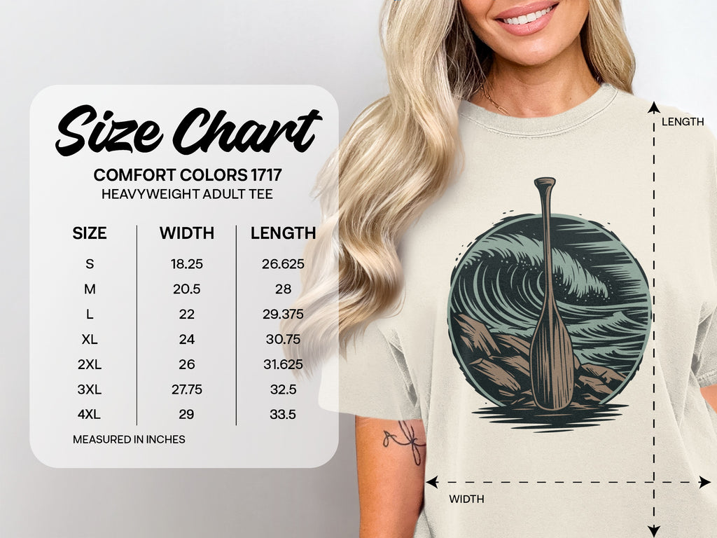 Comfort Colors 1717 heavyweight adult tee size chart with measurements.